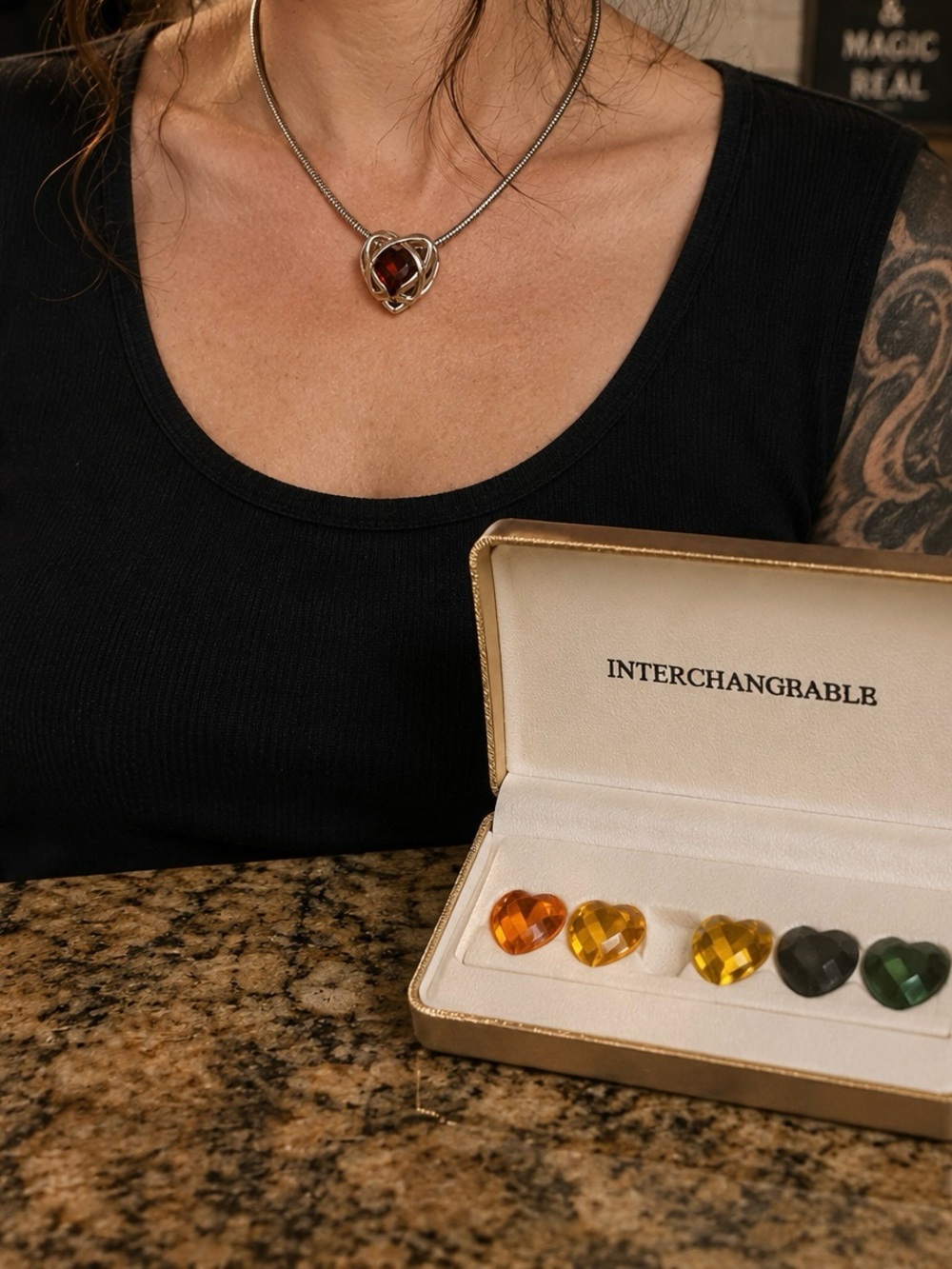 Vintage 1990s Social Gallery Interchangeable Heart Necklace 6 Stones Box